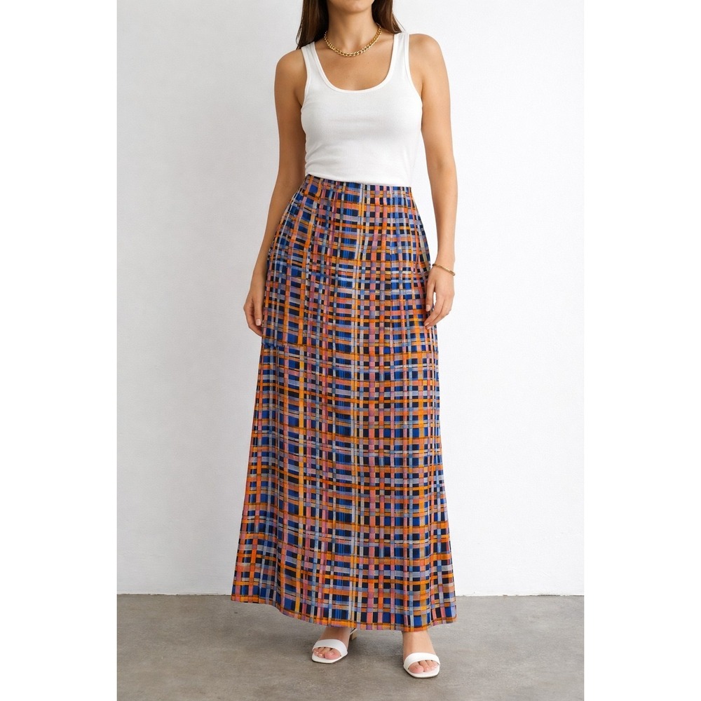 Vintage Express Rayon Basketweave Plaid Maxi Skirt Size 7/8 Juniors USA Womens S